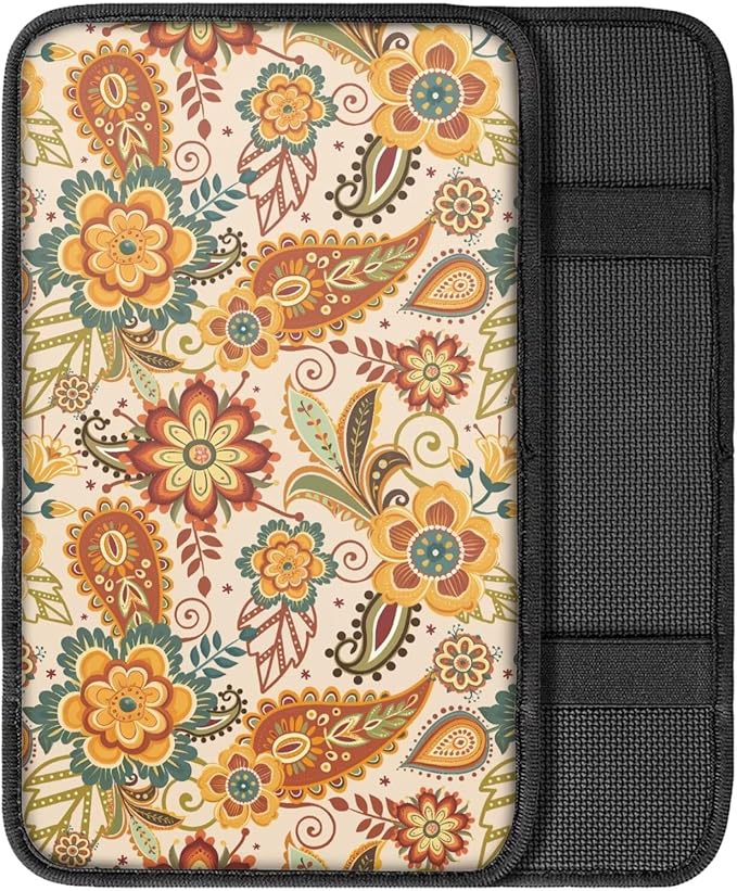 Dreaweet Bohemian Floral Arm Rest Cover for Car Women Soft Anti Slip Armrest Cover Center Console Cushion Pad Boho Car Accessories Universal Fit Most Cars SUV Sedan