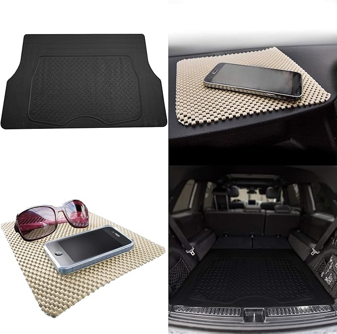 TLH Premium Trimmable Black Cargo Mat Car Trunk Liner Universal Fit Set w/Beige Dash Pad, Trimmable Automotive Floor Mats, Climaproof™ Floor Mats for Most Sedan, Cars, SUV, Truck Floor Mats.