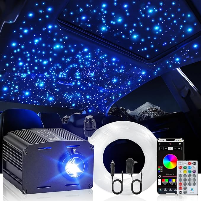 Car Starlight Headliner Kit, Twinkle & Sound Activated RGBW 16W 1100pcs*0.02in*9.8ft Fiber Optic Starlight Kit with APP& Remote Controlled, Star Lights for Ceiling Car Roof/Home Decor