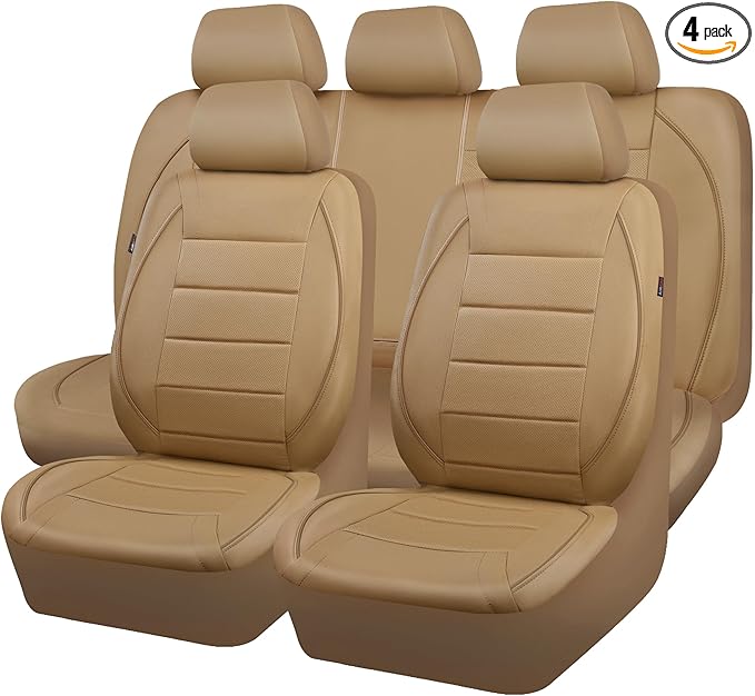 CAR PASS Piping Leather Seat Cover,Universal FIT with Composite Sponge Inside,Airbag Compatible and Reserved Opening Holes,Inside zipper for Cars,Sedan,SUV,Truck(Full Set,Beige with Tan Piping-Stripe)