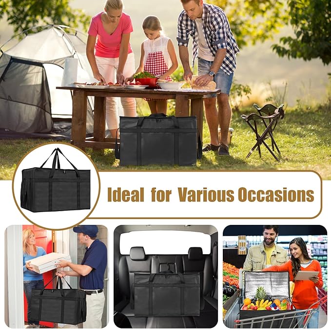 PEASUG Insulated Bags for Food Delivery, XXXL Pizza Delivery Bags, Large Capacity Cooler Bag Keep Food Warm for Grocery Shopping and Catering, Foldable, Heavy-Duty (Black)