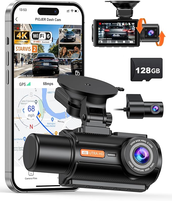 3 Channel 4K Dash Cam with STARVIS 2 Sensor, Free 128GB Card and WiFi 6 up to 20MB/s, Dash Camera for Cars with Front Rear Inside, 4K 2K 1080P, IR Night Vision, GPS, 24H Parking Mode, G-Sensor