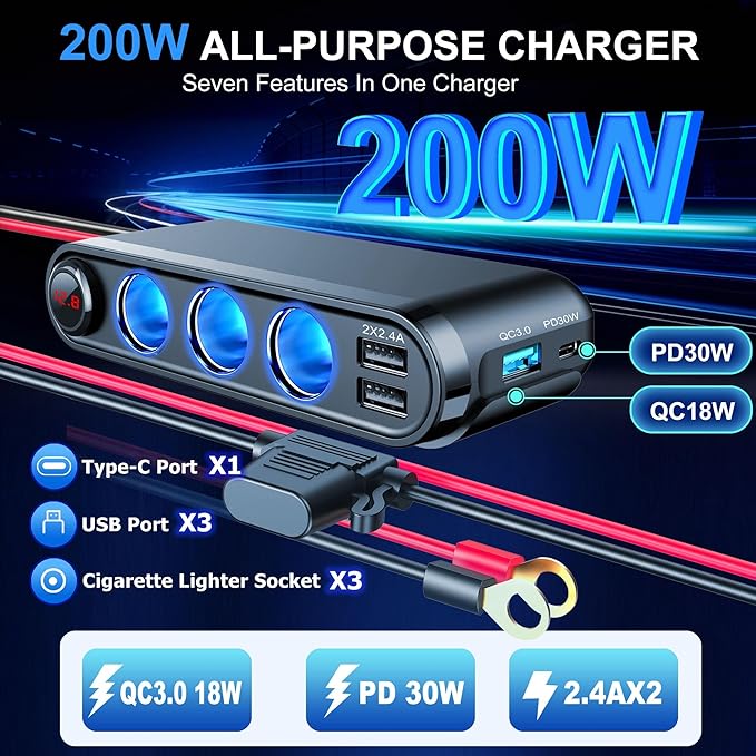 EUGIZMO 12V Car Cigarette Lighter Socket, 200W 3 Socke t Cigarette Lighter Plug Splitter Car Charger Adapter 12 Volt Socket Power Outlet Auxiliary with Eyelet Terminal (Red)