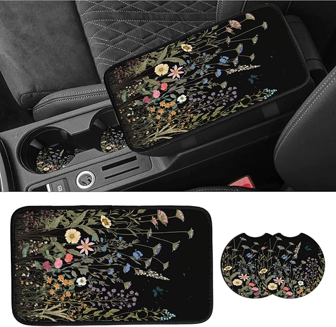 Car Armrest Cover Pads Universal Fashion Cute Auto Center Console Armrest Cover Pad with 2PCS Car Coasters Soft Waterproof Car Armrest Seat Protector for Women Girls, Wildflowers