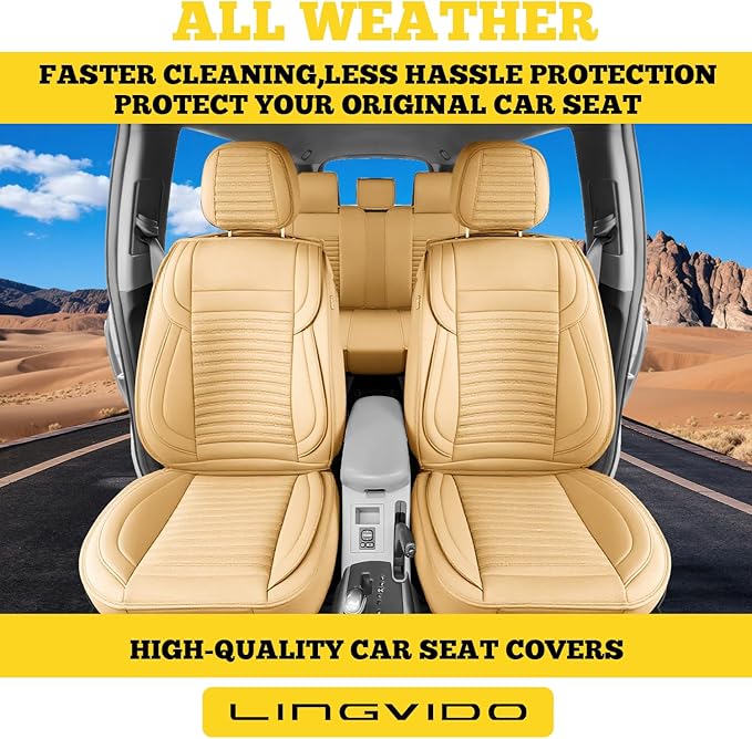 LINGVIDO Front Car Seat Covers, Faux Nappa Leather, Airbag Compatible and Waterproof Protectors for Sedans SUVs, Breathable Anti-Slip Interior for Commuters and Rideshare, Beige