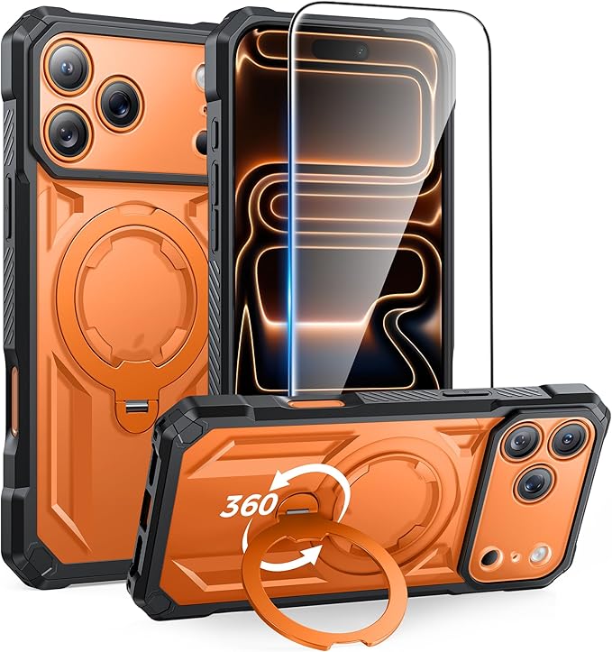 FNTCASE for iPhone 17 Pro-Max Case: [360 Spin Magnetic Ring Kickstand] [Compatible for MagSafe] [Screen Protector] Heavy Duty Military Grade Protection Protective Phone Case with Stand Orange