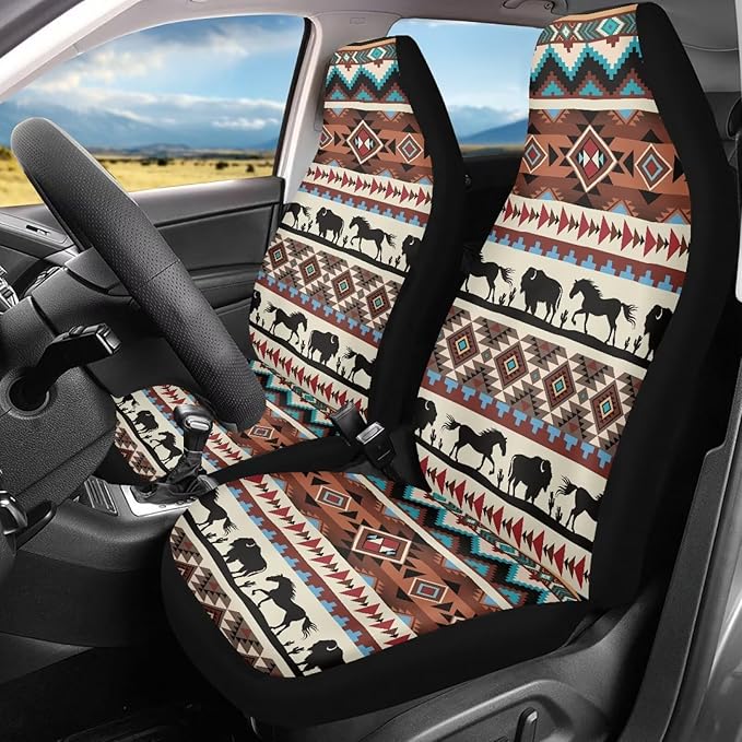 ELEQIN Aztec Horse Yak Car Seat Covers, Front Car Seat Cushion, 2 PCS Canvas Auto Cushion Protector Universal Fit Most Cars, Automotive Interior Decor