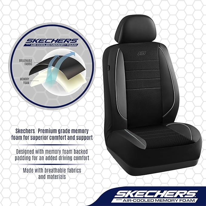Skechers Air-Cooled Memory Foam Seat Covers,Mesh Thick Car Seat Covers,Piping Leather Car Seat Protector,Airbag Compatible,Automotive Comfort for Most Cars, Vans, Trucks, SUV(Gray,Full Set)