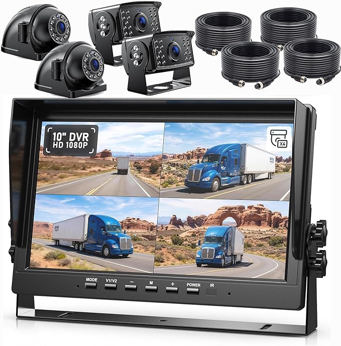 ZEROXCLUB 4 Wired Backup Camera System Kit with 10’‘ 1080P HD Monitor, IR Night Vision Rear Side Camera, Loop Recording, IP69K Waterproof Camera with Parking Lines for Bus, Truck, Trailer, RV, BY104A