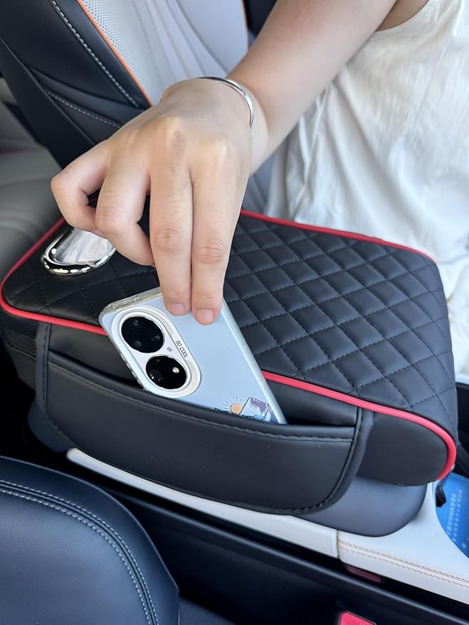 Upgraded Multi-Functional Car Center Console Cover, PU Leather Armrest Pad Cushion with Memory Foam Cushion, 2 Storage Pockets, Tissue Box Hole for Sedan Vehicles, 7 Colors (Black-Red Line)