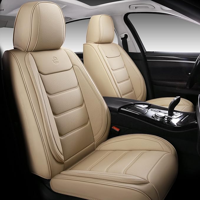 Full Coverage Faux Leather Car Seat Covers,Automotive Seat Covers for Cars,SUVs Pick-up Truck, Car Seat Cushion, Beige Seat Covers,Front Seat Cover,Car Seat Protector
