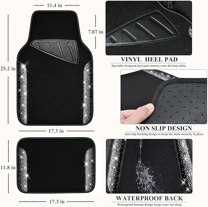 CAR PASS Bling Car Mats Shining Diamond Carpet Crystal Rhinestone Sparkly Glitter Floor Mats with Anti-Slip PVC Pad Universal Fit Automotive SUV,Sedan,Van,4pcs for Girl Women, Black Sliver Diamond