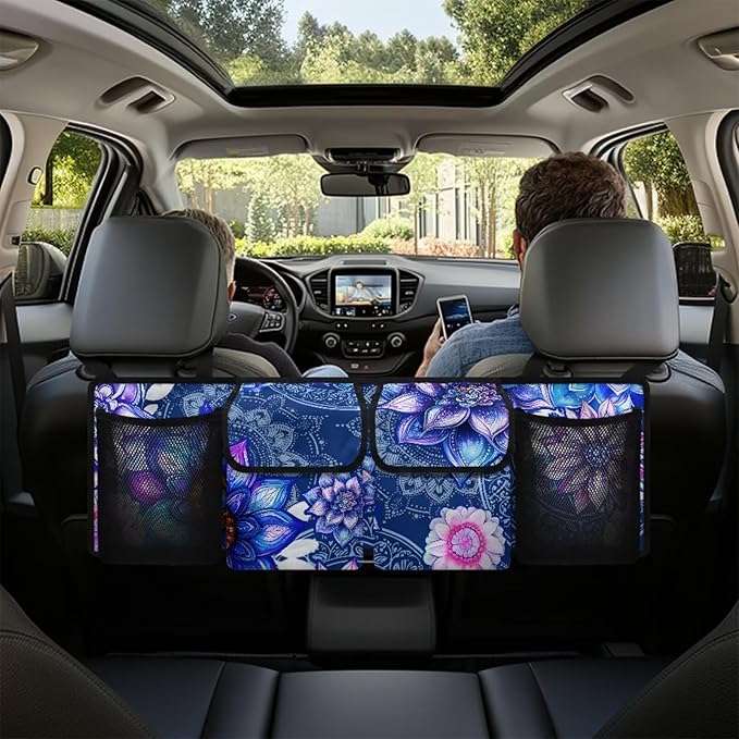 Boho Style Trunk Organizer with Lid Car Women Mandala Floral Blossom Back of Seat Car Organizer for SUVs Sedans