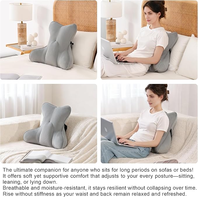 Lumbar Back Pillow (Pat. Pend), Supportive Back Cushion for Bed, Couch & Recliner, Ergonomic Lumbar Pillow with Customizable Firmness for Lower Back Pain Relief, Zinc Gray