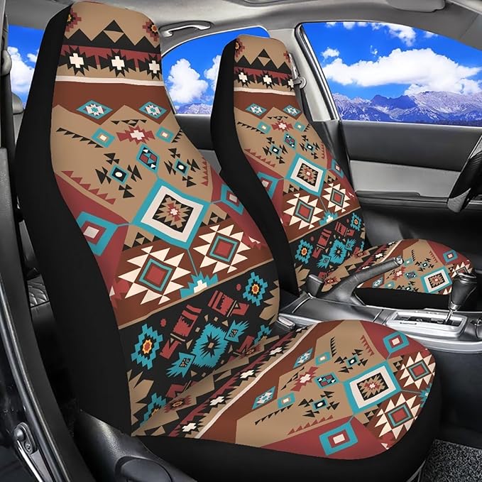ELEQIN Car Seat Covers Two Front Only for Car, Brown Aztec Geometric Automotive Interior Covers, Quick Setup Universal Fit Seat Covers for Car, Truck, SUV