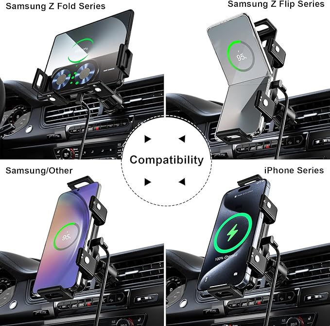 Wireless Car Charger Mount, 15W Dual Coil One-Touch Rotatable Car Phone Holder Wireless Charger for Samsung Galaxy Z Fold 7/6/5/4/3/2, Z Flip, S25/S24/S23/S22, iPhone, Car Charger Included