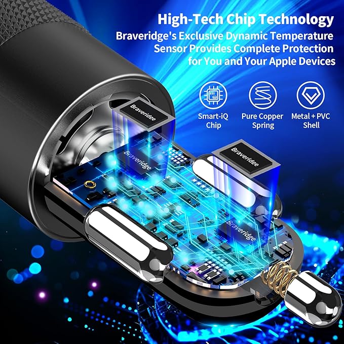 【MFi Certified】iPhone 17 Car Charger Fast Charging, Braveridge 75W USB C PD&QC Car Power Cigarette Lighter USB Charger with 6FT Type C Coiled Cable for iPhone 17/17 Pro Max/16/15/Galaxy S26/S25/Pixel