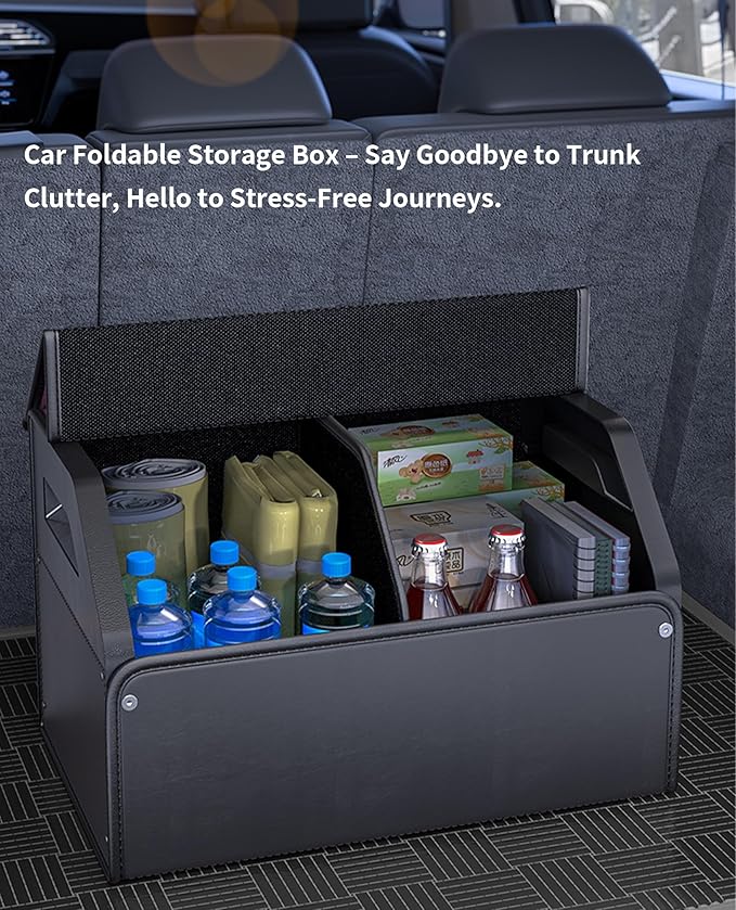 Trunk Organizer for Car, PU Leather Car Trunk Storage Organizer with Magnetic Lid, Car Organizer with Sturdy PC Support, Portable Handle for SUV, Truck, Home and Office (20.1×12.2×12.2 IN)