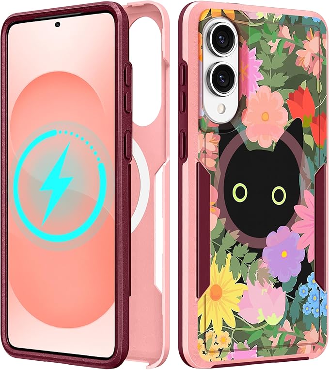 for Samsung Galaxy S25 Edge Case - Compatible with MagSafe Women Girls Cute Magnetic Protective Phone Cover Girly Cat Flowers Floral Heavy Duty Shockproof Design for Samsung S25 Edge Case