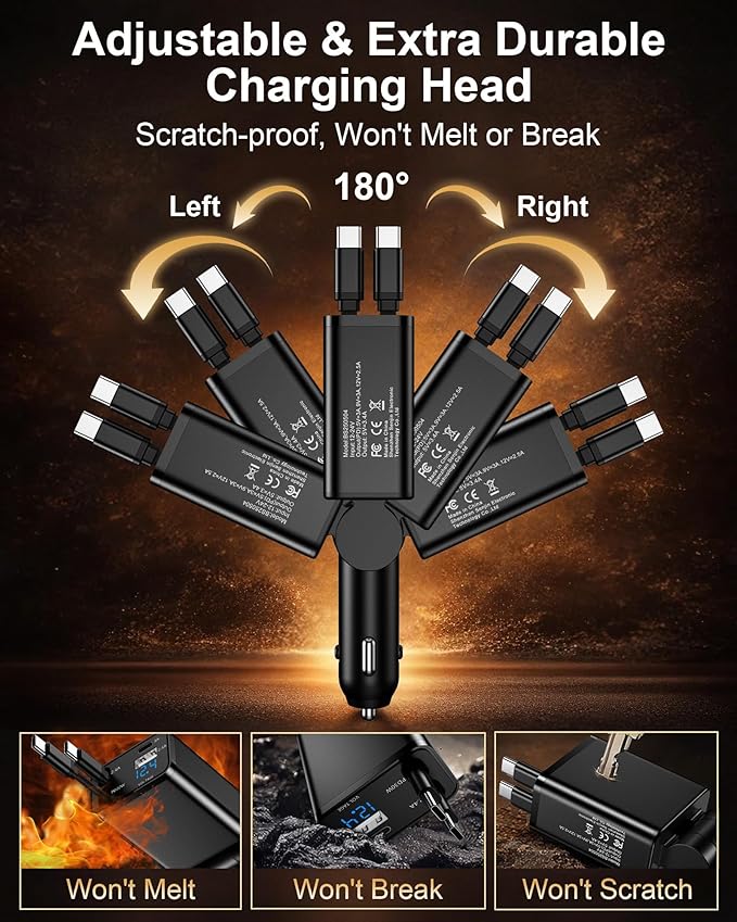Retractable Car Phone Charger for Samsung S26 S25 Android, 4 in 1 Fast USB C Car Charging Adapter with 2 Flexible USB C Cable, USBC Cigarette Lighter Gift for Men Car Gadgets Electronics Accessories