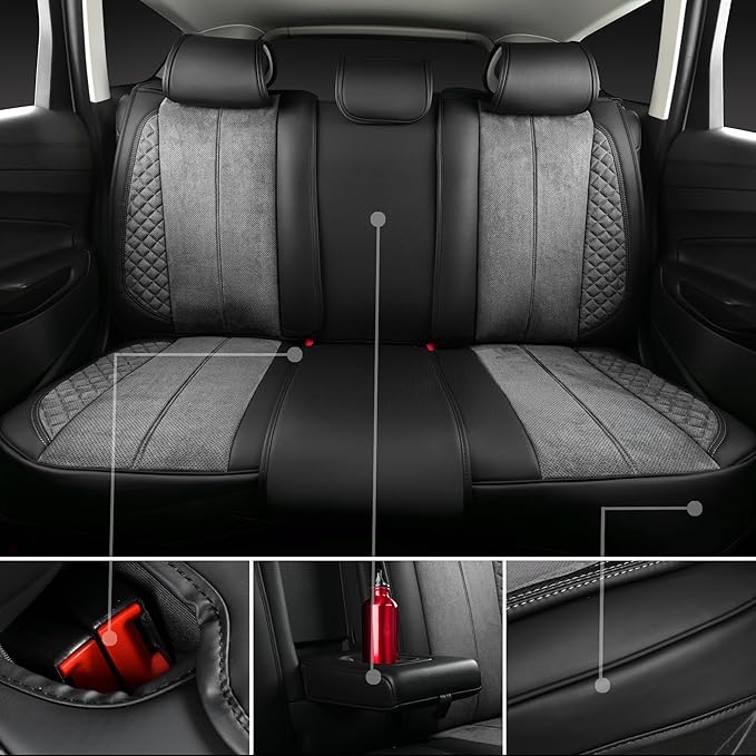 CAR PASS Suede Leather Seat Covers Full Set Soft Protector Durable Cushioned Warm in Winter Breath in Summer,Universal Sport Car Seat Cover Fit for Sedan SUV Pick-up Truck,Anti-Slip and Backseat(Grey)