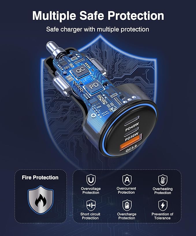 2026 Updated USB C Car Charger, 93W 3-Port Super Fast Type C Car Power Adapter PD/QC Charging Cigarette Lighter for iPhone 17/16/15/14/13/12/11 Pro Max, iPad,MacBook,Pixel, Android