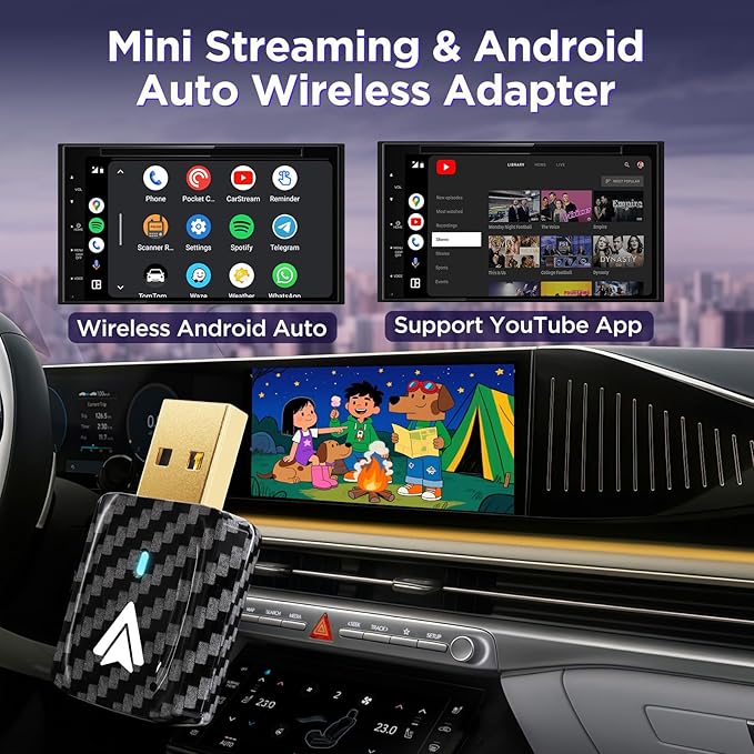 MSXTTLY Mini Android Auto Wireless Adapter - Support YouTube, for Car USB Small Dongle Plug&Play, for Car Models 2017 Above with Wired AndroidAuto, Only for Android Phones Version 11 Above, Gray Black