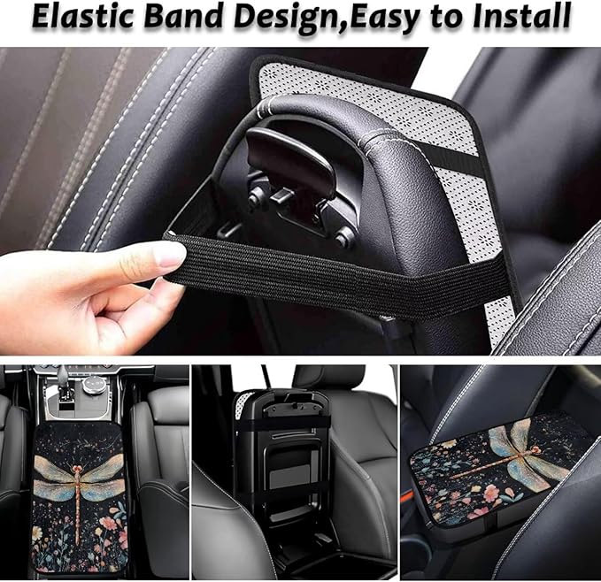 Dragonfly Flower Middle Console Covers Elastic Flannel Center Console Cover Anti-Slip Washable Car Center Console Lid Cover Accessories Compatible with Cars,SUV,Trucks