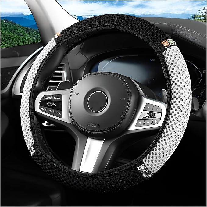 Bling Car Steering Wheel Cover, 15 Inch Crystal Rhinestones Elastic Stretch Breathable Vehicle Steering Wheel Protector for Women Girls, Universal Auto Interior Accessories (Black Gray)