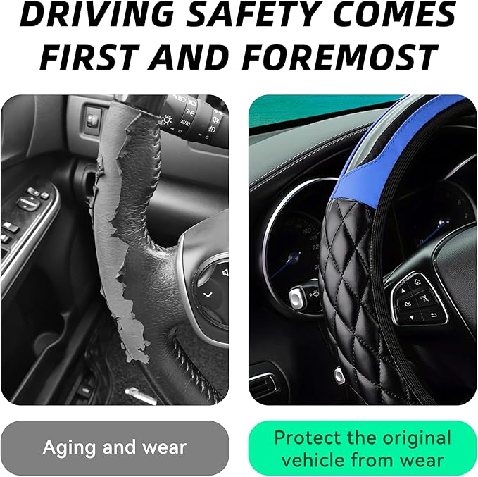 Car Steering Wheel Cover, 14.5-15inch Leather Anti-Slip Car Wheel Cover Protector, Safety Comfortable Desgin, Universal Auto Steering Wheels Accessories for Cars Truck SUV (Blue)