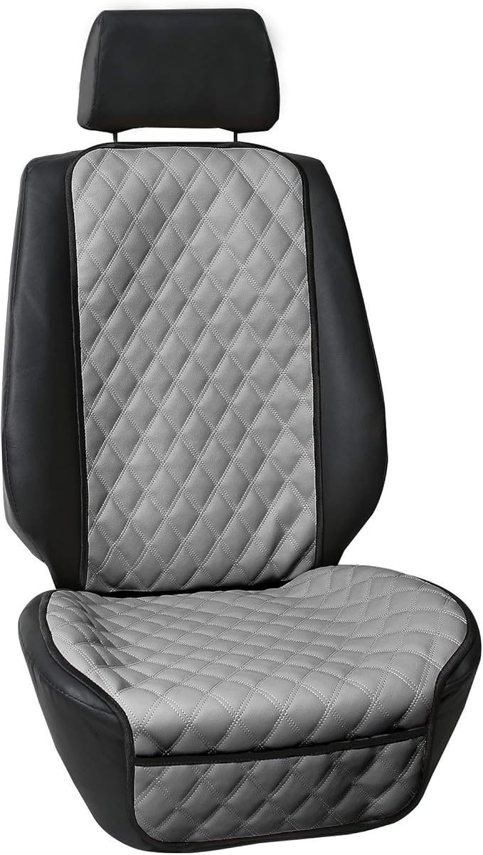 FH Group Car Seat Cushion – Faux Leather Single Front Seat Cover with Front Pockets, Airbag Compatible, Universal Fit Car Seat Cushion for Driver or Passenger Seat, SUV, Truck, Sedan & Van – Gray