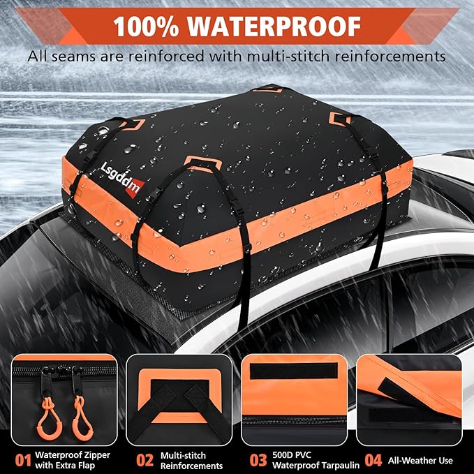 Roof Bag, Waterproof Soft Car Top Carrier Without Rack, 15 Cubic Feet Cargo Carrier for Top of All Vehicles with/Without Rack, Includes Anti-Slip Mat, 4 Door Hooks, Luggage Lock, Storage Bag