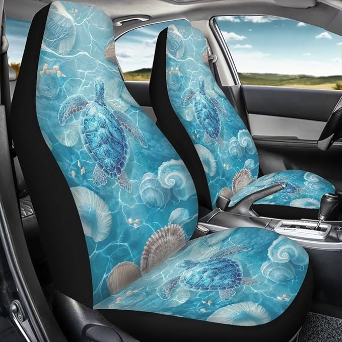 KEIAHUAN Blue Sea Turtle Front and Back Car Seat Covers Front Saddle Blanket Rear Split Bench Protection Cover Soft and Breathable Automotive Accessories Universal Fits Sedan Truck SUV