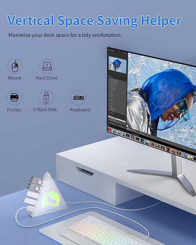 7 Port USB Hub, JoyReken USB 3.0 Hub with 2 FT Long Cable, Vertical USB Extension Hub for Laptop, MacBook, Flash Drive, XPS, PC, Flash Drive, Game Console, Printer, Camera,Keyborad, Mouse (White)