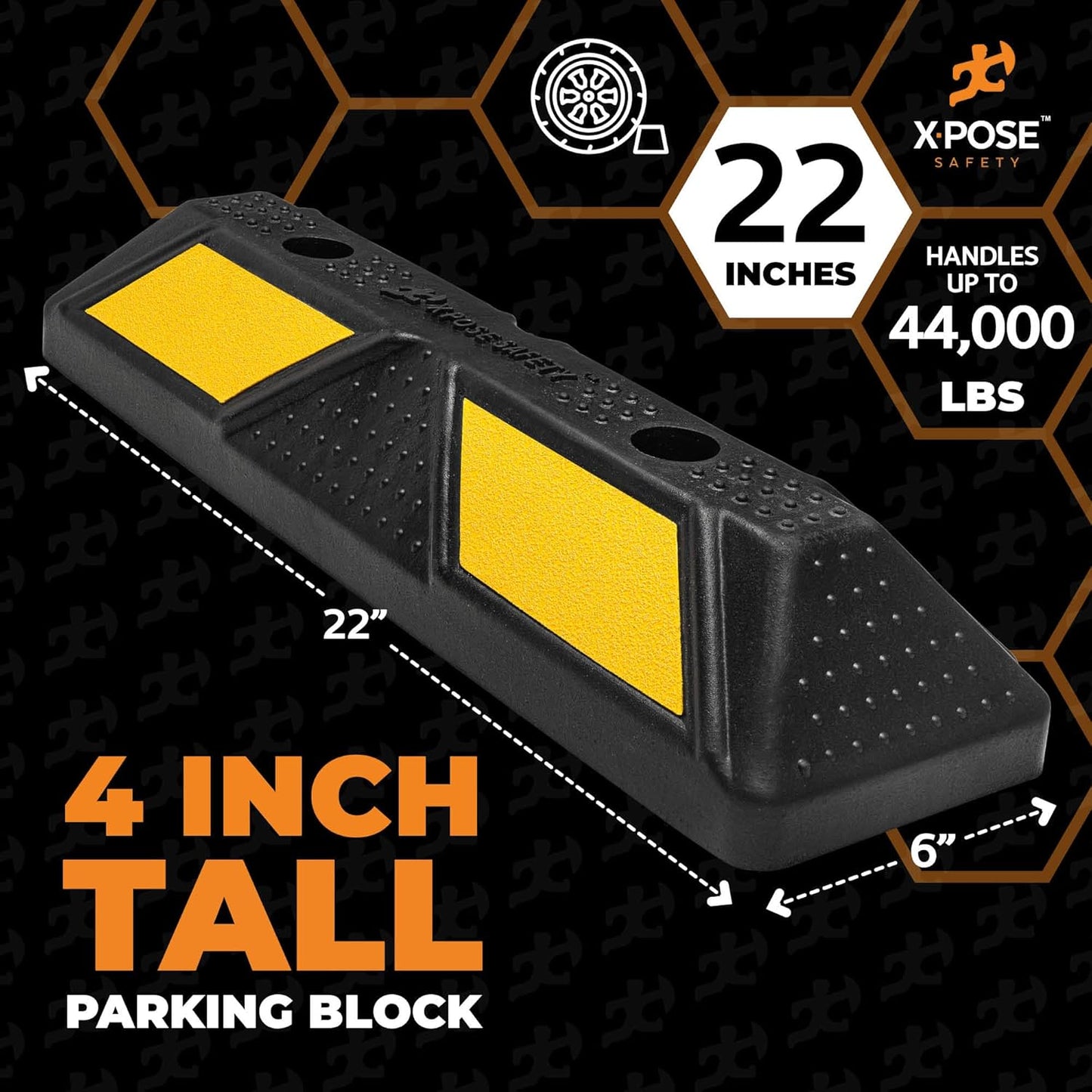Xpose Safety 22" Heavy Duty Rubber Parking Stopper – 2 Pack Wheel Blocks for Garage, Driveway, or Ramp – Car Bumper Stop with Yellow Reflective Strips – Removable Floor Mount