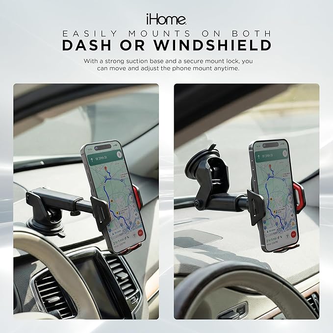 iHome Car Mount, Dashboard/Windshield/Vent Mount, Swivel Neck, Silicone Grip, Adjustable Mount Arm with Suction Cup Base (Adjustable Arm Car Mount)