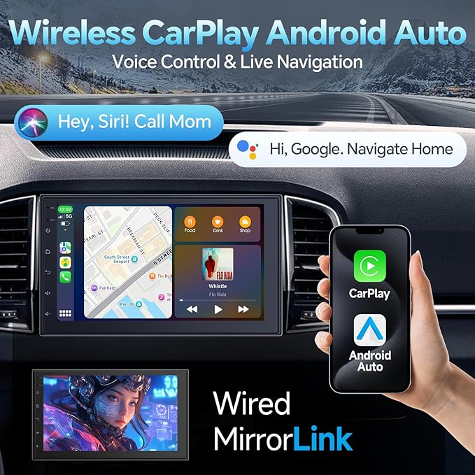 Wireless CarPlay Screen for Car & Android Auto Head Unit - Touchscreen 7 Inch Double Din Car Stereo with Backup Camera for All Cars (2+32GB NO Camera)