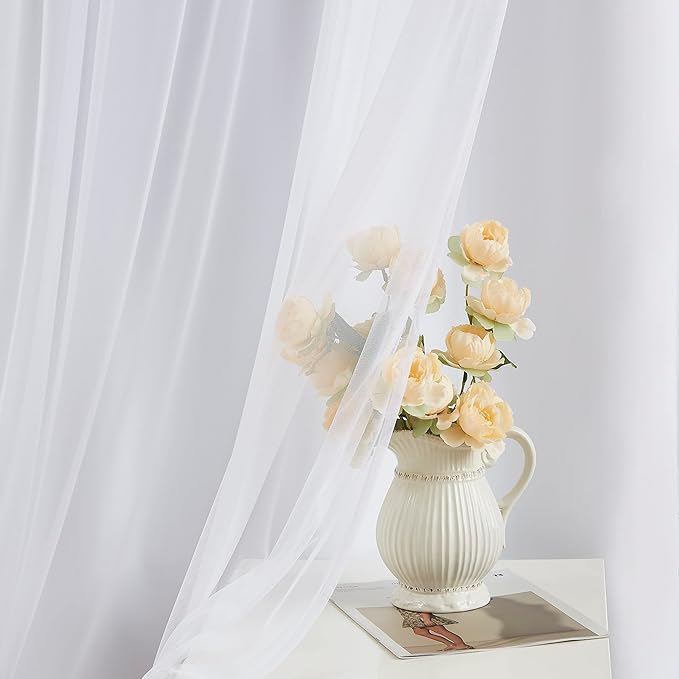 Bujasso White Full Blackout Curtain Panels with Sheer Overlay Mix and Match Double Layer Thermal Insulated Window Treatment Set for Living Room White Drapes with Tiebacks Grommet Top 37" Wx108 Lx2