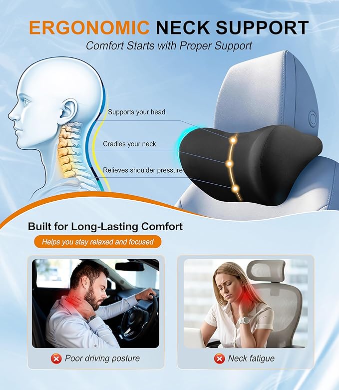 2-Pack Car Neck Pillow: Ergonomic Memory Foam Car Headrest Pillow, Neck Support Pillow for Long Drives, Headrest Support Cushion for Pain Relief, Universal Fit for Cars, SUVs & Trucks – Black