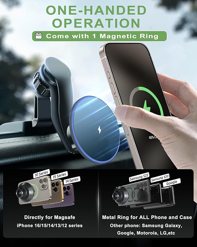 Magnetic Jeep Phone Mount for 2018-2023 Wrangler JL JLU & Gladiator JT with 15W Wireless Charging- Dashboard Phone Holder with Magsafe for Jeep Wrangler & Gladiator 2/4 Doors Accessories (Not for 4XE)