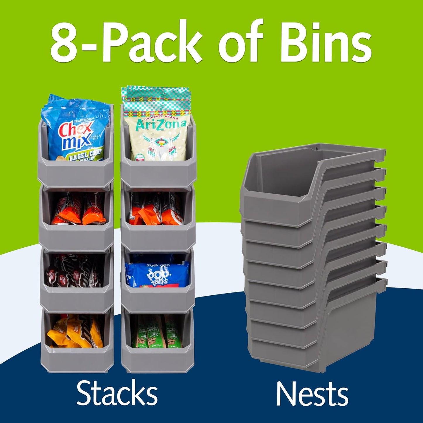 Plastic Containers for Organizing and Storage Bins for Closet, Kitchen, Office, Garage or Pantry Organization, Stackable Bins, Medium (11" x 5" x 5.5"), 8-Pack, Grey