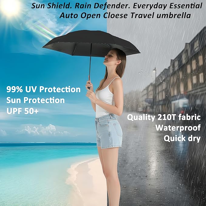 BAODINI Small UV Protection Travel Umbrella Compact for Rain and Sun UPF 50+ Windproof Portable 42 inch Umbrella for Women and Men