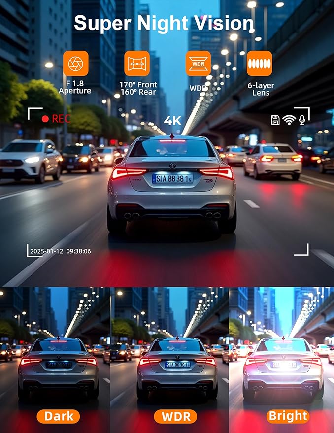 4K Dash Cam Front and Rear, 64GB Card Included, 4K+1080P Dual Dash Camera for Cars with WiFi App, Super Capacitor, WDR Night Vision, 3" IPS Screen, 170° Wide Angle, 24H Parking Mode, G-Sensor