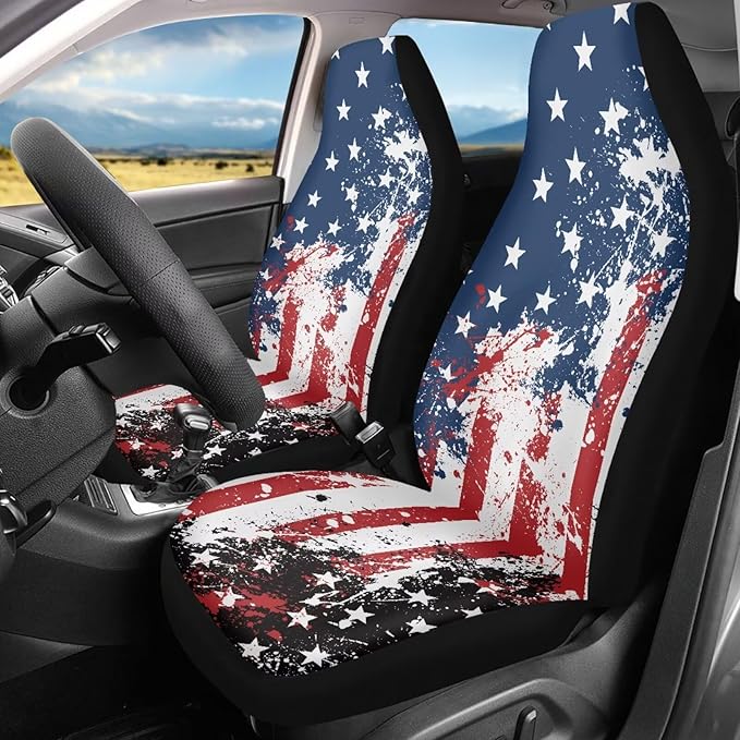 Car Seat Covers Set Front Seats Only 2 Pack Universal Fit Most Truck SUV Vans Auto Accessories Interior Cushion Protector（Creative American Flag Print 2）