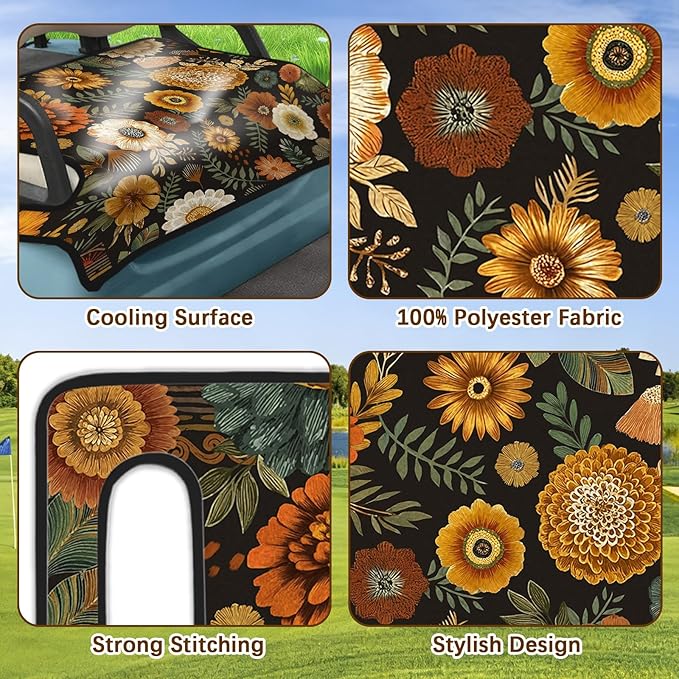 Orange Golf Cart Seat Covers, Flower Golf Cart Seat Towel Blanket Club Car for Golf Lover, Golf Cart Accessories, Keep Seat Comfortable and Cool for 2-Seat Golfs Carts,Gifts for Christmas Thanksgiving