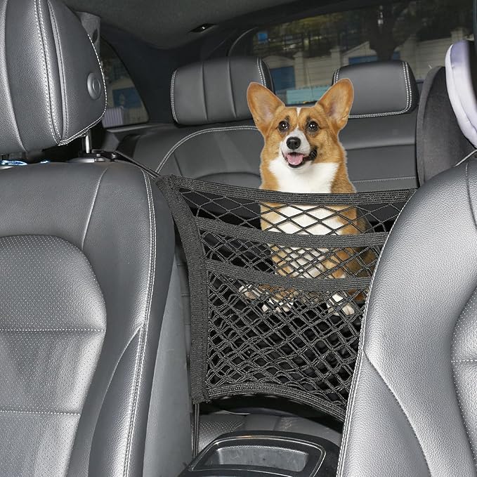 3-Layer Car Mesh Organizer Storage Between Front Seats Kid Dog Pet Net Barrier Car Net Pocket Elastic Tissue Purse Holder Netting for SUV, Van