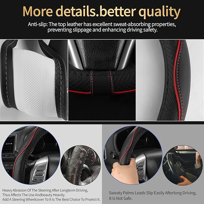 Leather Car Steering Wheel Cover,Anti-Slip, Safety, Soft, Breathable, Heavy Duty, Thick, Full Surround, Sports Style,Universal Car Accessories for Women Men Fit 14"1/2-15"(Black with Red line)