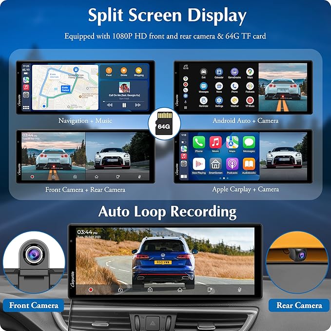 Carpuride W903 Wireless Carplay & Android Auto with Dash Cam - 9.3" HD IPS Touch Car Play Screen for Car, 4K Front & 1080P Rear Camera, Loop Recording, Bluetooth Audio, Mirror Link, GPS, Siri