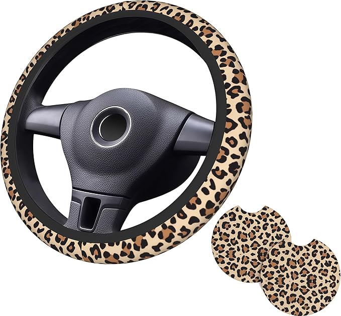 Brown Leopard Print Steering Wheel Cover Cheetah Animal Print Steering Wheel Cover Anti-Slip Breathable Universal 15 Inch Car with 2 Pieces Car Coasters Suitable for Men Women