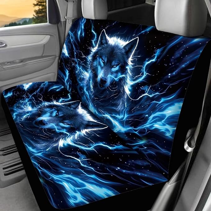 KEIAHUAN Blue Wolf Print Car Seat Covers for Men Automotive Front and Rear Split Bench Seat Cover Set Washable Breathable Universal Fits Most Vehicle Truck,SUV